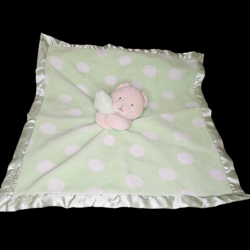 Messages From The Heart BEAR BABY Lovey Green HEAVEN‎ SENT Blanket Satin 18x18